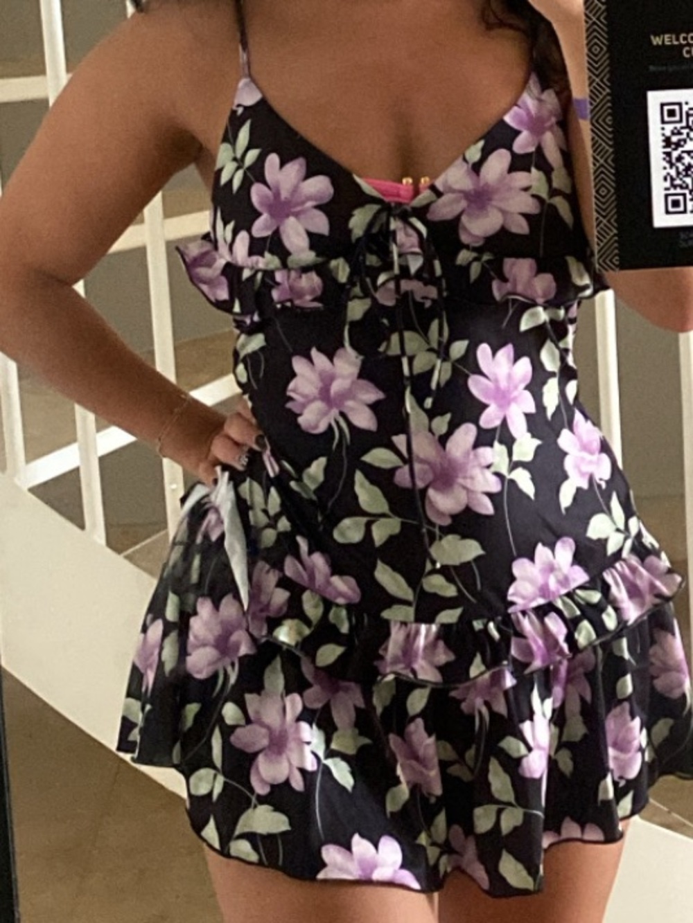 Floral Ruffle Mini Dress - Black with Flowers